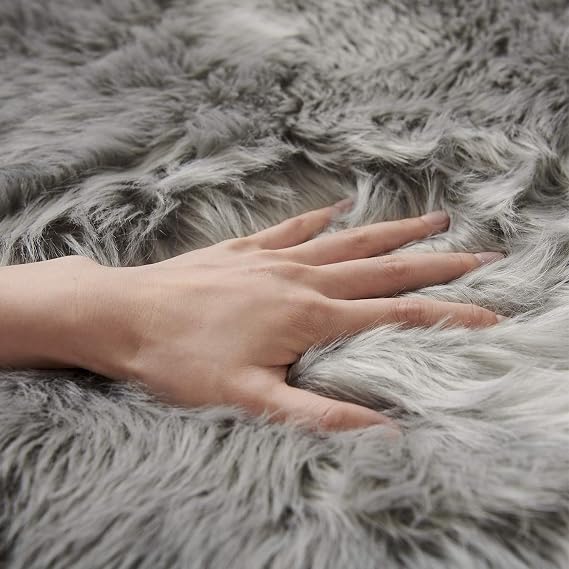 Grey Faux Sheepskin Fur Rug 2x3 Feet | Soft Chair Pad
