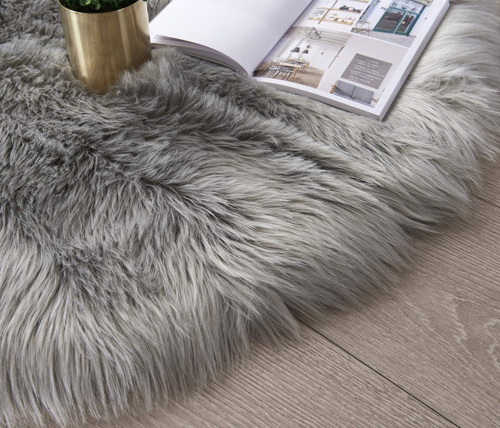 Grey Faux Sheepskin Fur Rug 2x3 Feet | Soft Chair Pad
