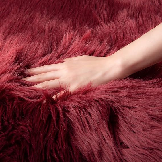 Deep Red Faux Fur Shaggy Rug | Soft Washable Area Rug