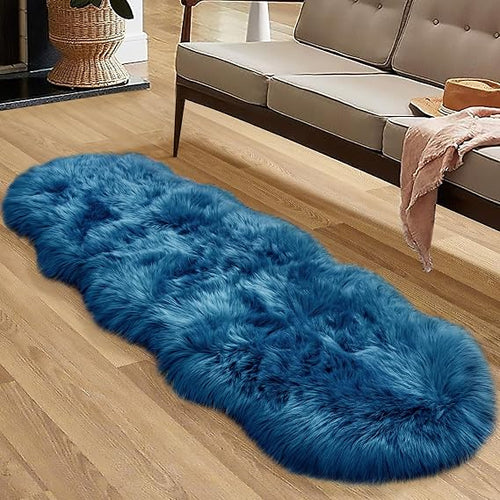 Dark Blue Faux Fur Rug 2x6 Feet | Shaggy Runner Carpet
