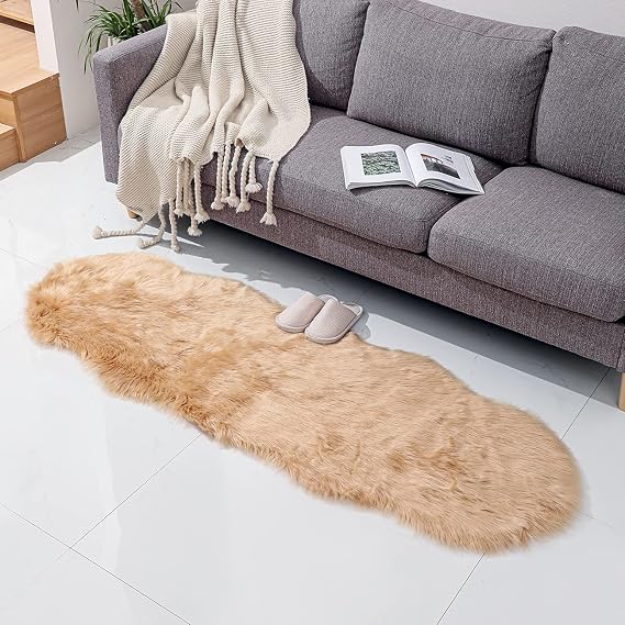 Beige Faux Sheepskin Rug 2 x 6 ft | Fluffy Fur Runner
