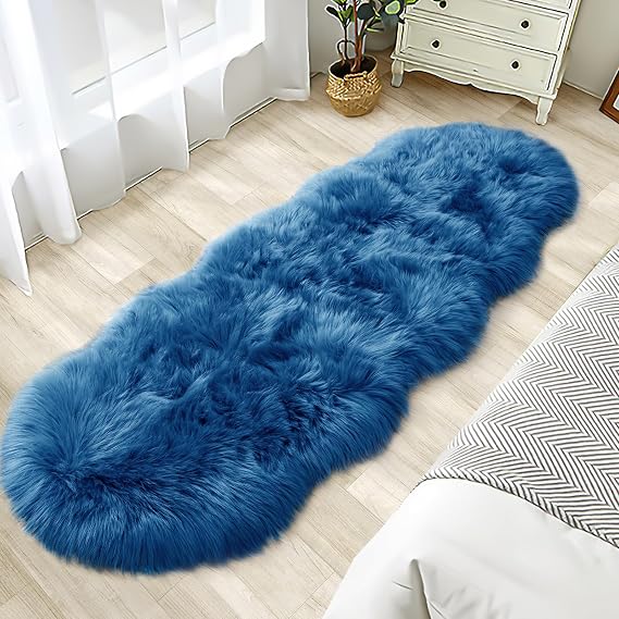 Dark Blue Faux Fur Rug 2x6 Feet | Shaggy Runner Carpet