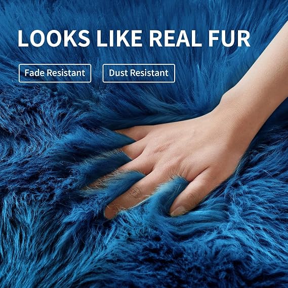 Dark Blue Faux Fur Rug 2x6 Feet | Shaggy Runner Carpet