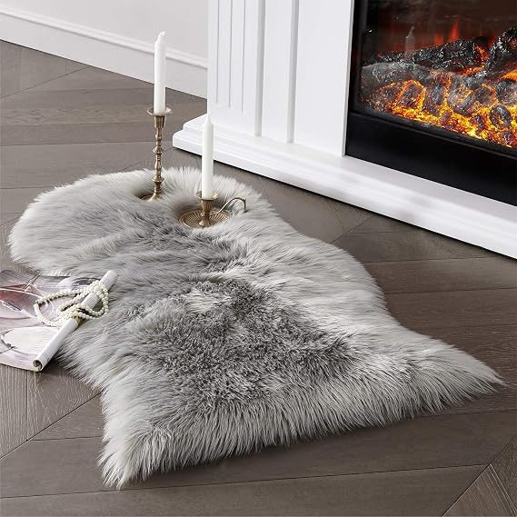 Grey Faux Sheepskin Fur Rug 2x3 Feet | Soft Chair Pad