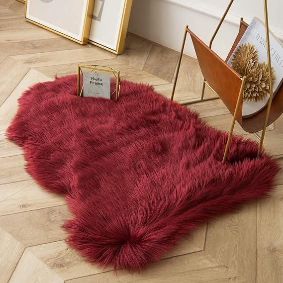 Deep Red Faux Fur Shaggy Rug | Soft Washable Area Rug