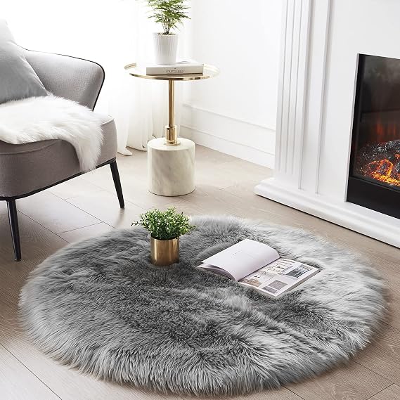 Grey Faux Sheepskin Fur Rug 2x3 Feet | Soft Chair Pad