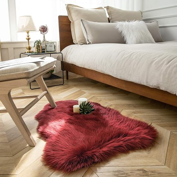 Deep Red Faux Fur Shaggy Rug | Soft Washable Area Rug