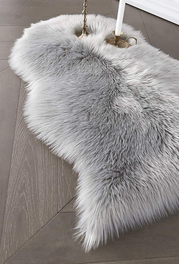 Grey Faux Sheepskin Fur Rug 2x3 Feet | Soft Chair Pad